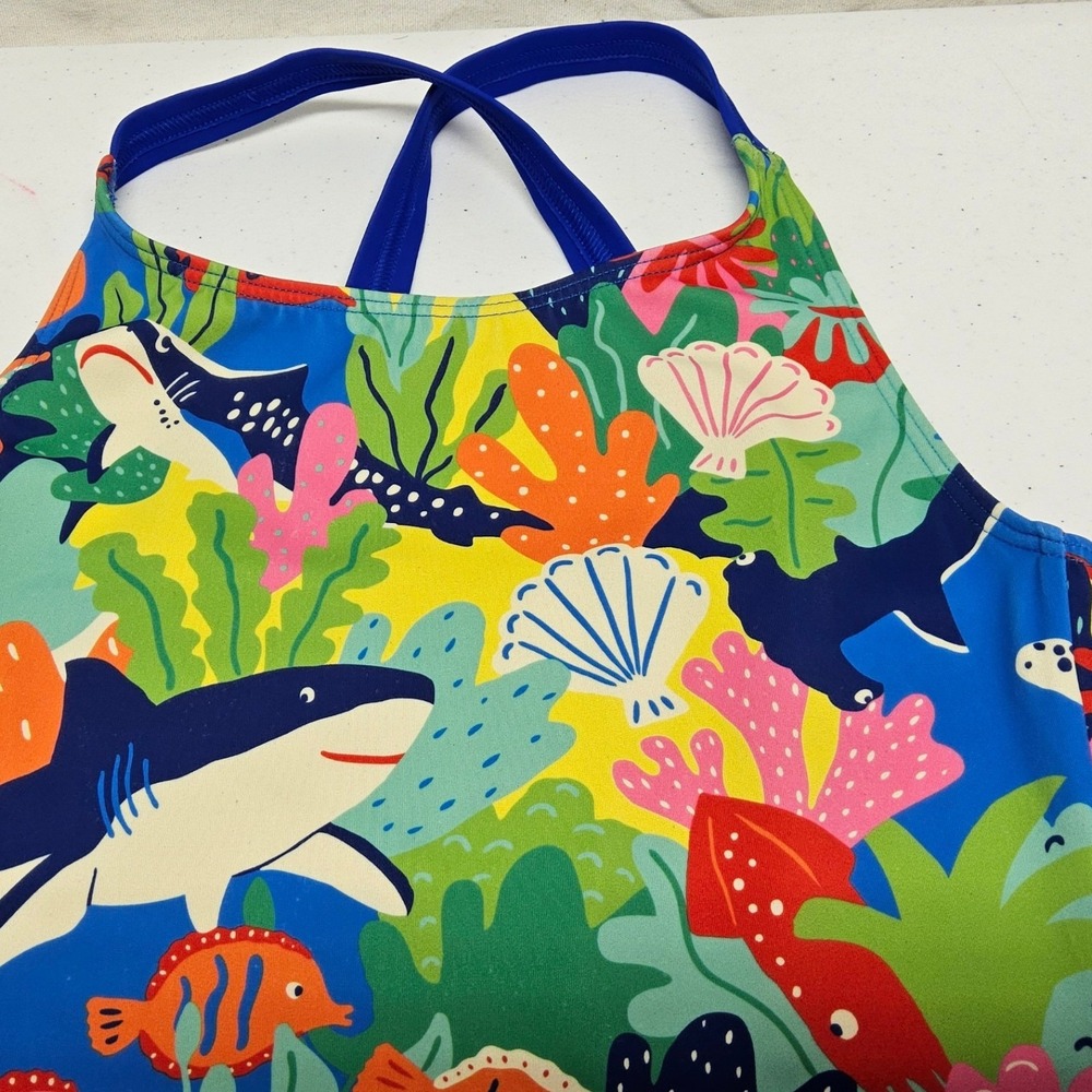 Boden One Piece Swimsuit Kids 8-9Y Blue Sea Life Shark Turtle Stingray G3275